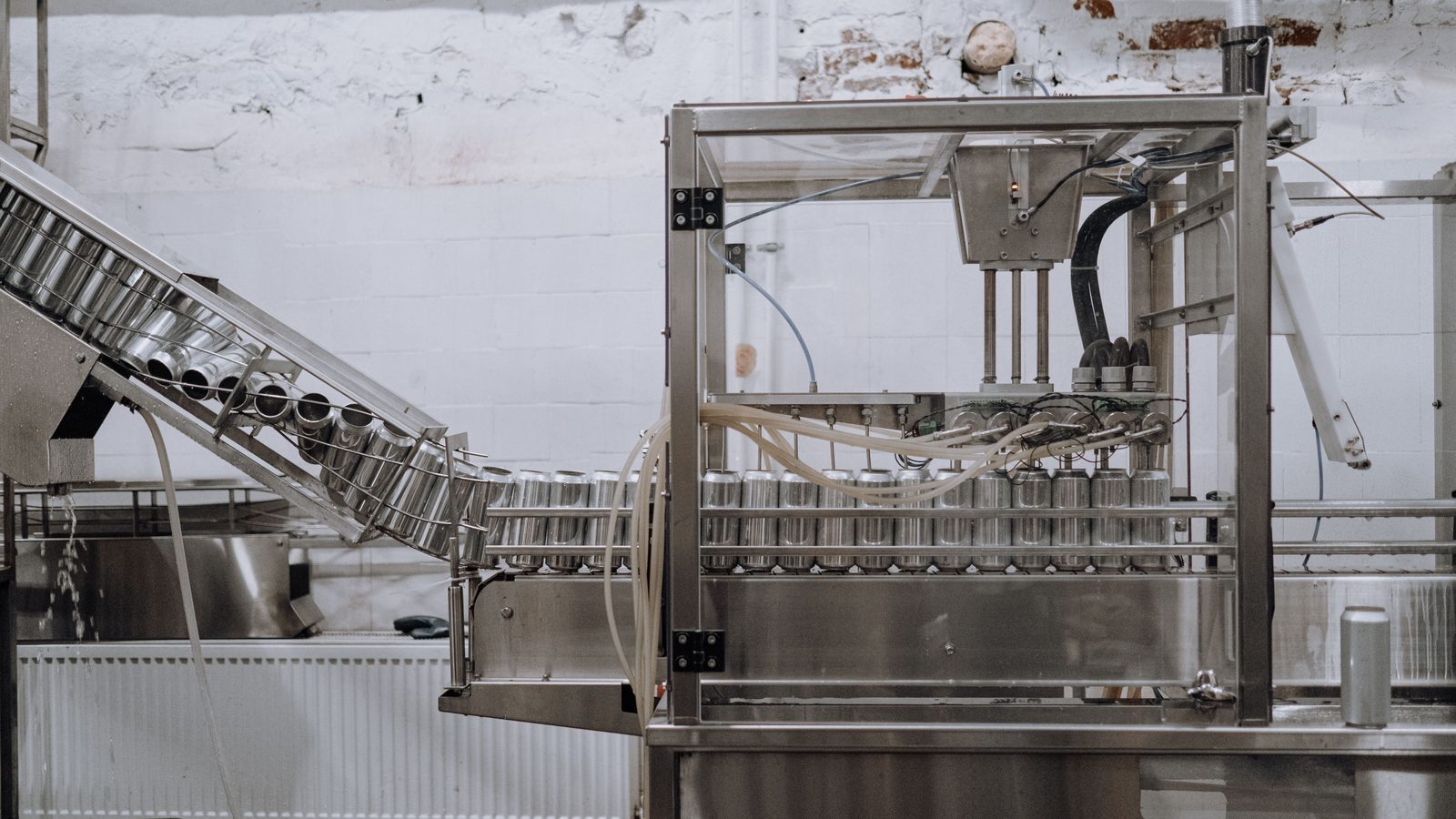 A canning and filling line in a production facility, with containers moving along a stainless steel conveyor.